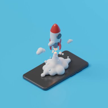 Isometric startup rocket launch with smartphone, 3D illustration