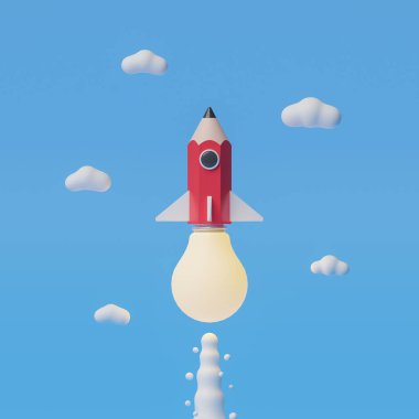 Pencil rocket launch by creative idea, mission to the moon, 3d illustration