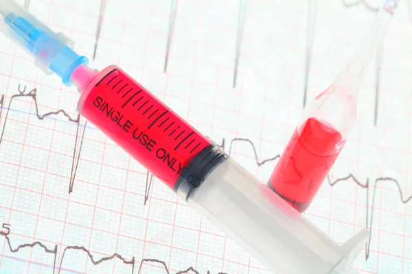 Şırınga ve EKG üzerinde ampul. tıbbi nesneler. yakın çekim fotoğraf — Stok fotoğraf