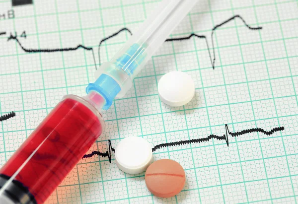 Jeringa, pastillas en un electrocardiograma. Fondo médico con estilo — Foto de Stock