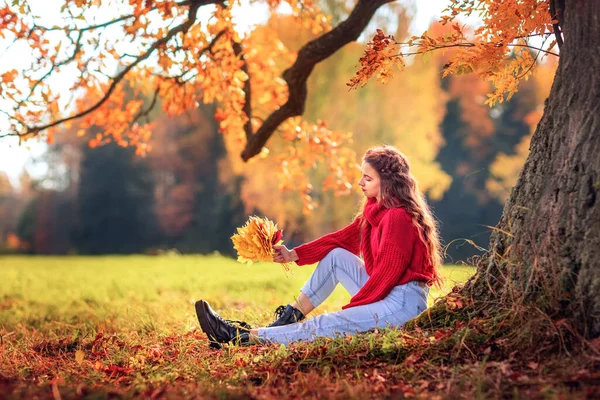 Jesienny Krajobraz Młoda Kobieta Siedzi Pod Drzewem Jesienią Piękny Jesienny — Zdjęcie stockowe
