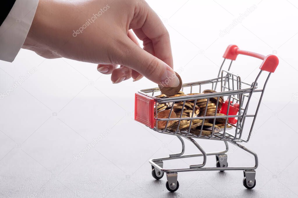 pile of coins in supermarket trolley, cashback concept, inflation on consumer goods, stock market investment, banking services, financial advisor