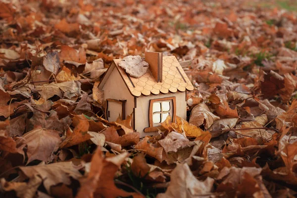small wooden house in the forest among fallen autumn leaves, the concept of solitude and loneliness, cozy light from the window, warm house, construction of cottages from a bar