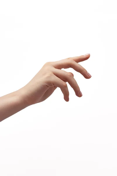 Mano Femenina Sobre Fondo Blanco Presiona Algo Concepto Elección Toque —  Fotos de Stock