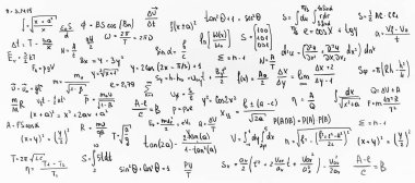 Matematiksel formüller hesaplamalar rakamlar denklemler ve hesaplamalar beyaz bir tahta, okul geçmişi öğrenme ve eğitim kavramı üzerinde siyah kalemle elle yazılmış hesaplamalar