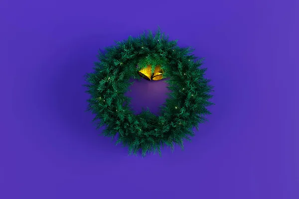 传统的圣诞佳节 松木花环 金色铃铛 蓝色背景 有免费的复制空间 用来模拟孤立的文字 — 图库照片