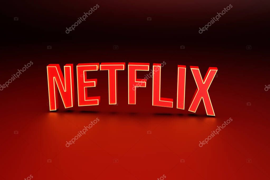 Saint-Petersburg, Russia, November 7: 3D illustration Netflix logo before the show, watching netflix streaming service, llustrative Editorial  3D rendering