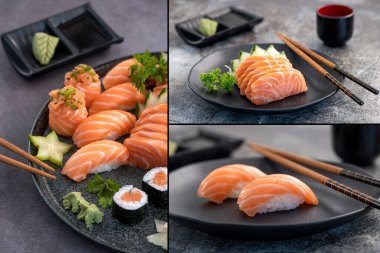 Özel suşi koleksiyonu. Geçmişinde farklı suşi çeşitleri var. 1 için 3 resim..