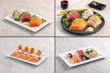 Özel suşi koleksiyonu. Geçmişinde farklı suşi çeşitleri var. 1 için 4 resim.