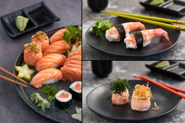 Özel suşi koleksiyonu. Geçmişinde farklı suşi çeşitleri var. 1 için 3 resim..