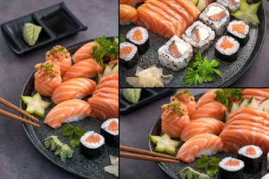 Özel suşi koleksiyonu. Geçmişinde farklı suşi çeşitleri var. 1 için 3 resim..