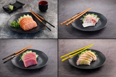 Özel suşi koleksiyonu. Geçmişinde farklı suşi çeşitleri var. 1 için 4 resim.