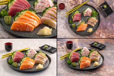 Özel suşi koleksiyonu. Geçmişinde farklı suşi çeşitleri var. 1 için 4 resim.