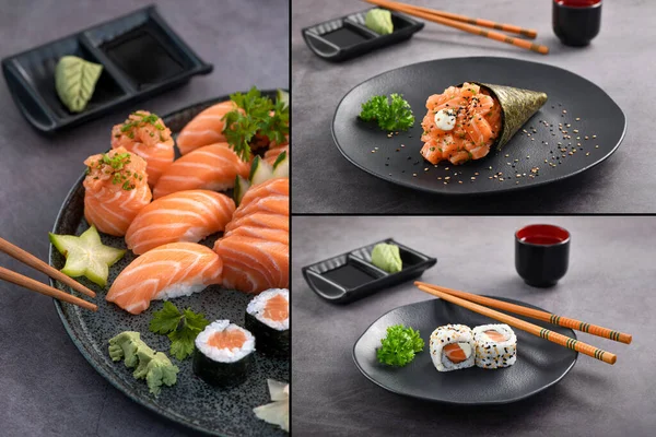 Colecţie Specială Sushi Diferite Tipuri Sushi Fundal Ardezie Trei Imagini Fotografie de stoc