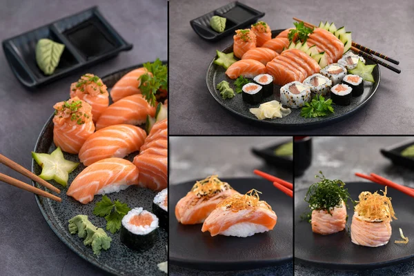 Colecţie Specială Sushi Diferite Tipuri Sushi Fundal Ardezie Trei Imagini fotografii de stoc fără drepturi de autor