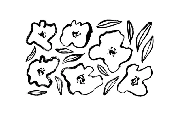 Χέρι ζωγραφισμένο μαύρο μελάνι σχέδιο άγρια λουλούδια. — Διανυσματικό Αρχείο