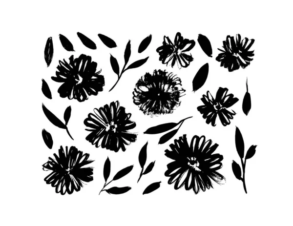Hand drawn black brush spring flowers vector set — Stock Vector
