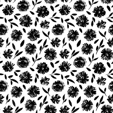 Siyah yapraklar ve çiçekler pürüzsüz desen.