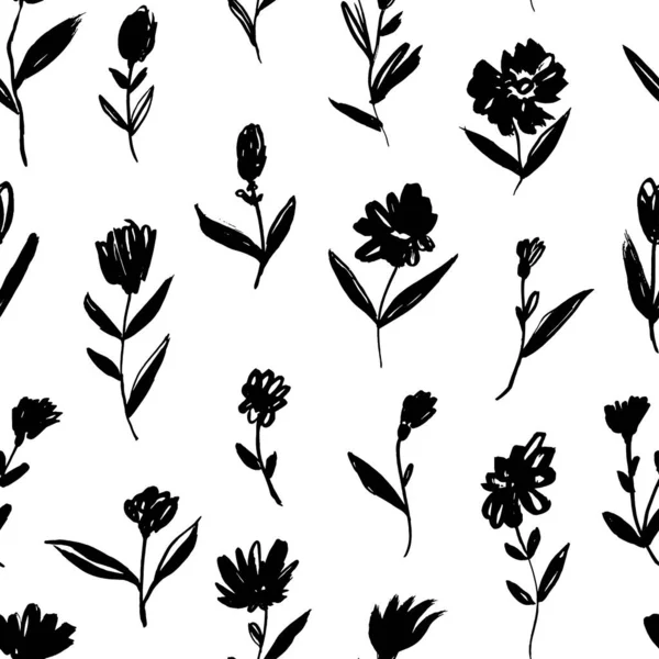 Brush black small flowers with leaves pattern. — Archivo Imágenes Vectoriales
