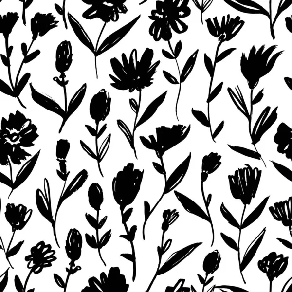 Borstel zwarte kleine bloemen met bladeren patroon. — Stockvector