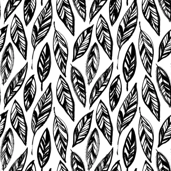 Hand drawn black leaves vector seamless pattern. — Stock Vector
