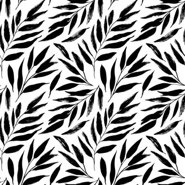 El çizimi siyah yapraklar vektörsüz desen.