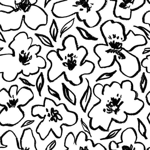 Hand drawn charcoal line flowers seamless pattern. — стоковый вектор