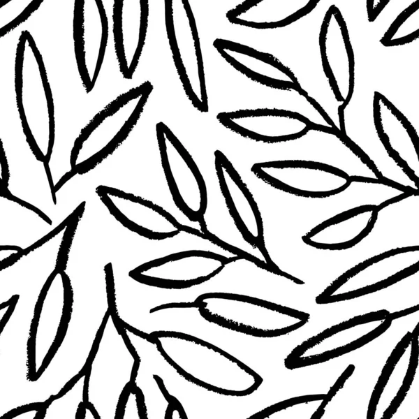 Linear black branches with leaves seamless pattern — стоковый вектор