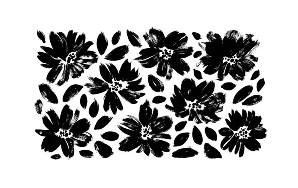 Hand drawn black brush flower vector silhouettes. — Stock Vector