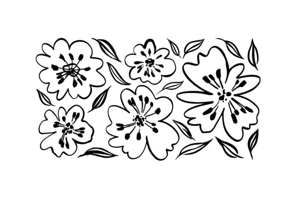 Simple linear black flowers isolated on white. — Stock Vector