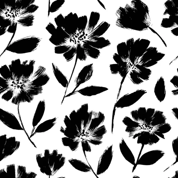 Inkt tekening zwarte bloemen vector naadloos patroon. — Stockvector