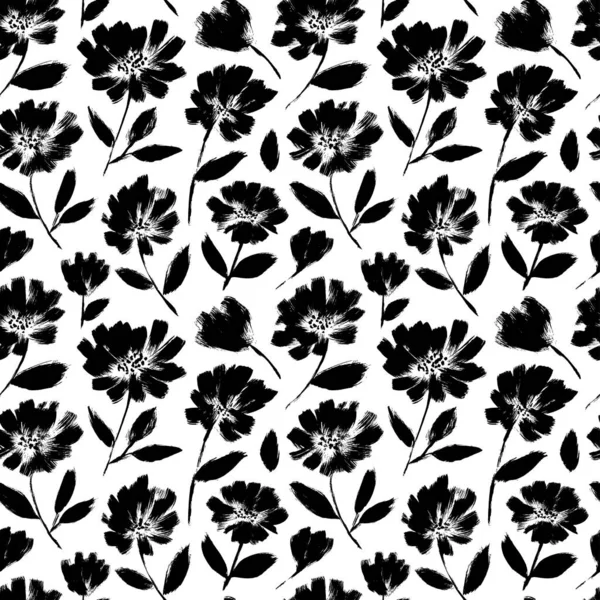 Mürekkep çizimi siyah çiçekler vektörsüz desen.