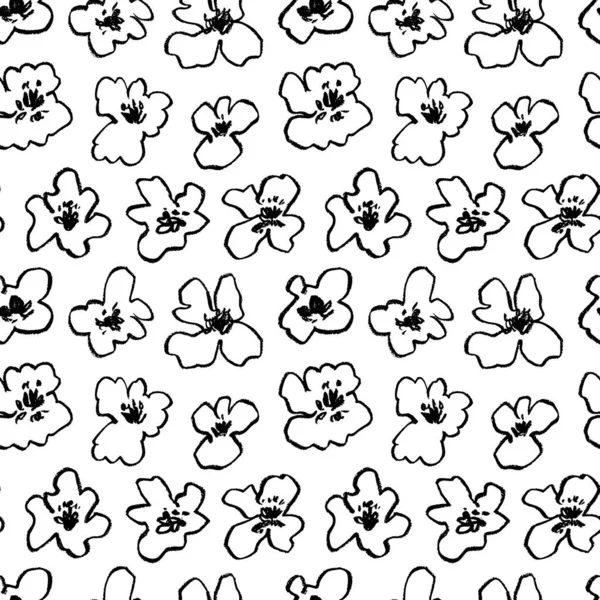 Hand drawn charcoal line flowers seamless pattern. — Stockvector