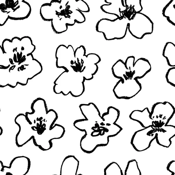 Hand drawn charcoal line flowers seamless pattern. — Stockvektor