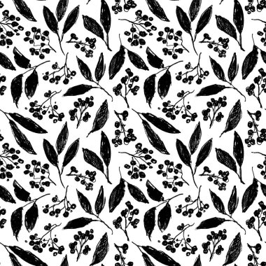 Yapraklı ve böğürtlensiz dallar. Çiçek deseni klasik tarzda. Sert kenarlı botanik mürekkep çizimi. Tekstil, ambalaj kağıdı, markalaşma için vektör botanik tasarımı.