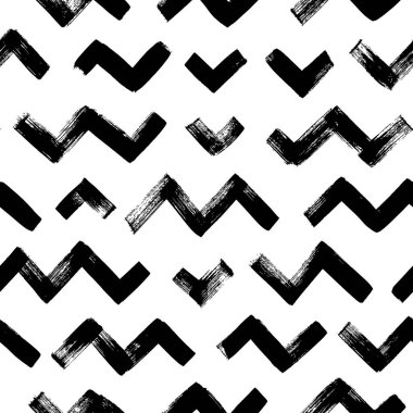 Zigzag sembolü grunge siyah dikişsiz desen. Kısa zik zag yatay çizgiler. El çizimi vektör geometrik fırça darbeleri. Siyah boyalı grunge dokusu. Tekrarlanan simge çizgileri arkaplanı