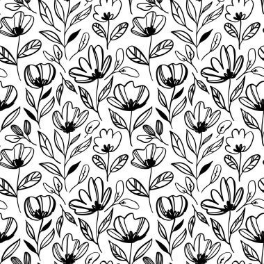 Soyut çizgilerin kökleri çiçeklerin pürüzsüz desenlerini çiziyor. El çizimi vektör botanik süsü. Papatya, şakayık ve papatya dekoratif siyah beyaz süs. Modern basit doğal desen