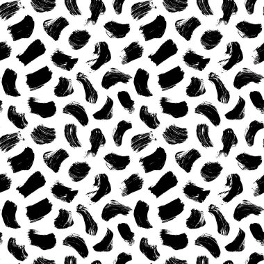 Fırça grunge vuruşları kusursuz desen çizer. Soyut vektör monokrom arkaplanı. Geometrik ambalaj kağıdı, tekstil süsü. El çizimi dağınık ve kaotik siyah fırça darbeleri. Küçük lekeler.