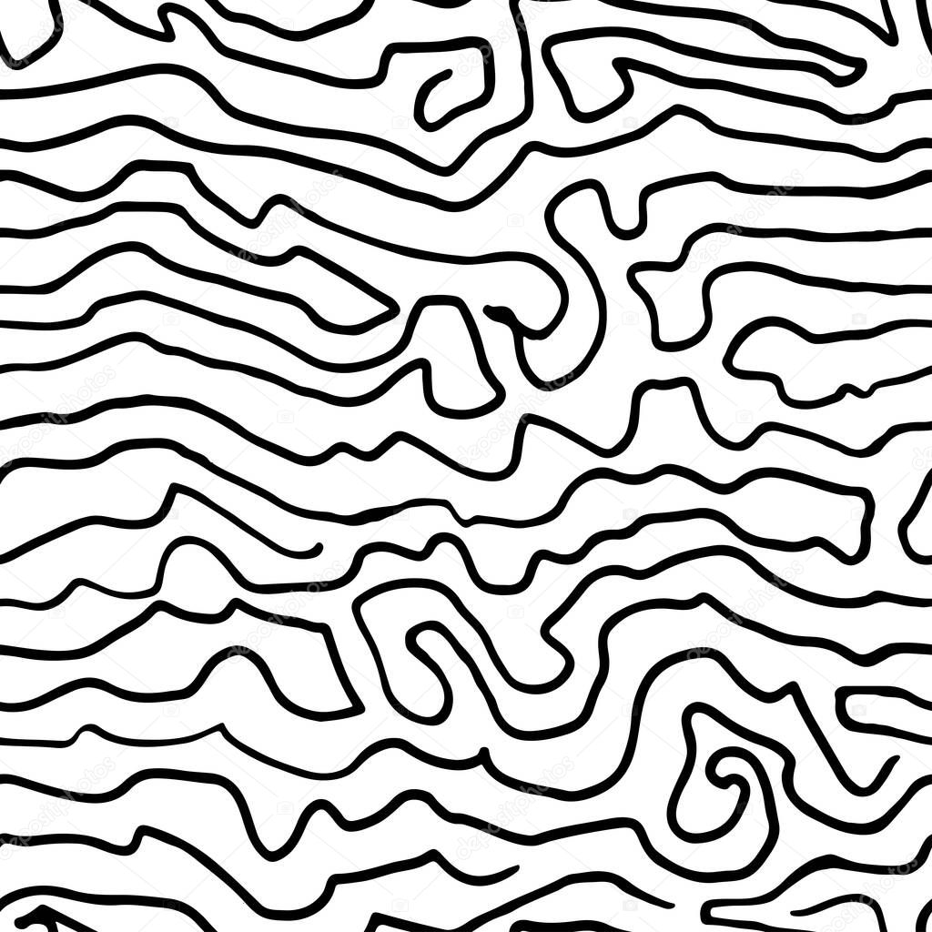 Doodle hand drawn thin lines seamless pattern. Abstract vector seamless floral background. Monochrome wavy black line pattern. Fingerprint ornament. Monochrome striped design with distortion effect