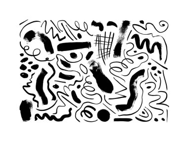 Kömür kalem kıvrımlı çizgiler ve kıvrımlar. Scribble fırça darbeleri vektör kümesi. El çizimi kalem karalamaları. Siyah kalem çizimleri. Fırça darbeleri, karalamalar, beyaz arka planda izole edilmiş çizgiler.