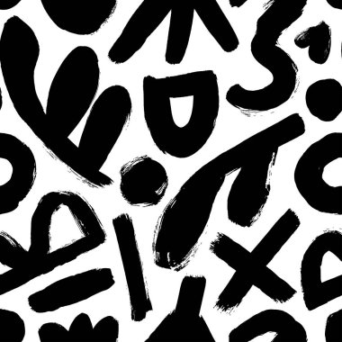 Organik ve geometrik kusursuz desen. El çizimi etnik soyut süs. Geometrik şekilli tek renkli organik şekiller. Modern moda çeşitli şekiller, fırça darbeleri çizgiler, siyah noktalar, yapraklar.