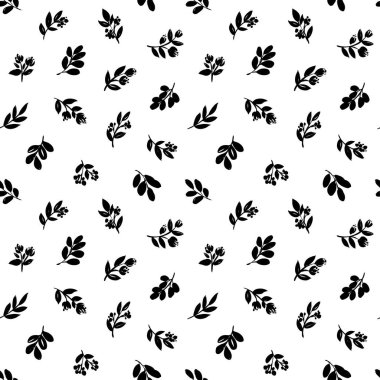 Kusursuz çayır bitki vektör deseni. El yapımı fırça boyalı dallar. Siyah botanik süsü. Yaprakları ve küçük çiçekleri olan çeşitli siluet dalları. Kalın yapraklı pürüzsüz arkaplan.