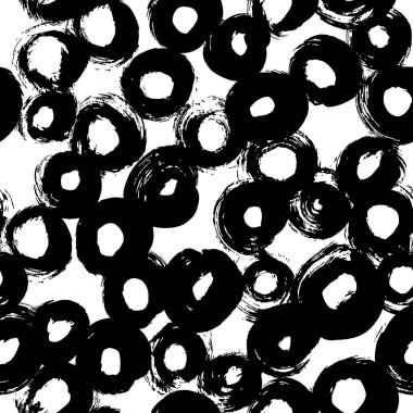 Grunge siyah daireler vektör kusursuz desen. Elle boyanmış kalın fırça darbeleri soyut arkaplan. Siyah karalama vuruşları. Soyut vektör yuvarlak şekilleri, grafik daireler. Köpük grunge kabarcıkları