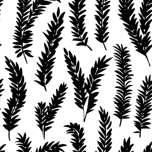 Black Branches Small Leaves Vector Seamless Pattern Spruce Branches Silhouettes — Wektor stockowy