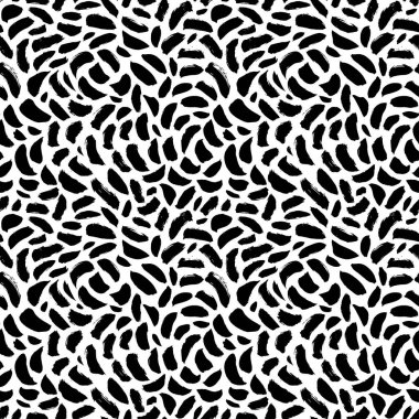 Beyaz arka planda koyu siyah, pejmürde noktaların ya da lekelerin soyut deseni. Farklı boyutlarda benekler. Kaotik mürekkep fırçası dekoratif dokuyu karalar. Tek renkli elle çizilmiş süs..