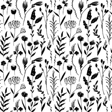 Vahşi çiçeksiz desen. El çizimi botanik vektör arka planı. Bitkiler, yapraklar ve çayır bitkileriyle birlikte çiçek açmış bahçe çiçeklerinin siluetleri. Basit bitkilerle modaya uygun modern arka plan.