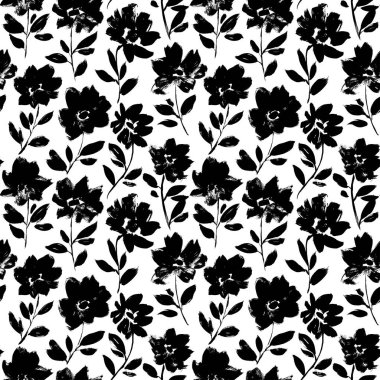 Siyah şakayık vektör deseni. Bahar kasımpatı çiçeklerinin el çizimi siluetleri. Kuru fırça stili çiçek dürtüleri. Dalları ve yaprakları olan siyah boya çizimi. Tek renkli baskı