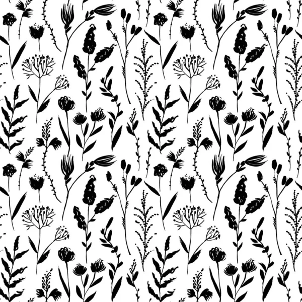 Wild Floral Seamless Pattern Hand Drawn Botanical Vector Background Silhouettes — Stockvektor