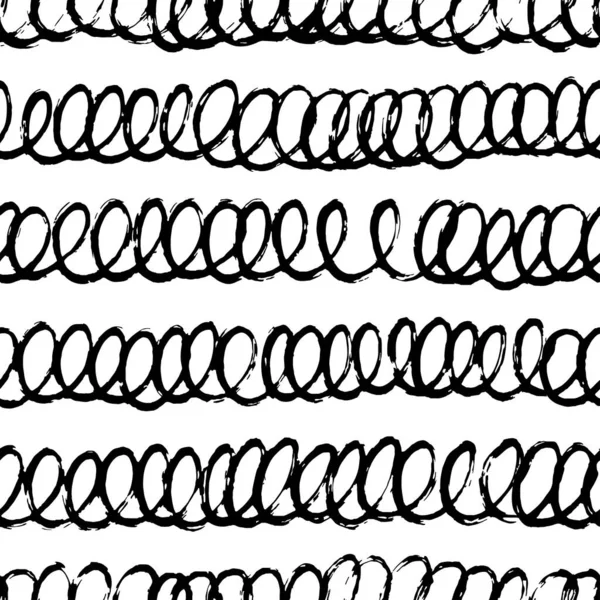 Wavy Swirled Doodle Brush Strokes Vector Seamless Pattern Black Paint —  Vetores de Stock
