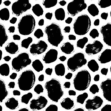 Kalın fırça daireleri ve siyah noktalarla kusursuz bir desen. Yuvarlak fırça darbeleriyle soyut arkaplan. Tek renkli el çizimi doku. Kaotik mürekkep dekoratif dokuyu karalar. Benekler ve lekeler